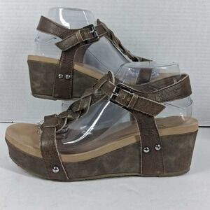 Volatile Womens Brown Leather Braided T-Strap Wedge Platform Sandals Size 10